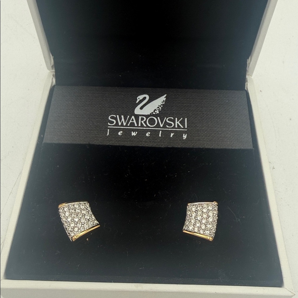 VTG Swarovski Gold-Tone Pavé clear Crystal Curved clip on Earrings w/ box